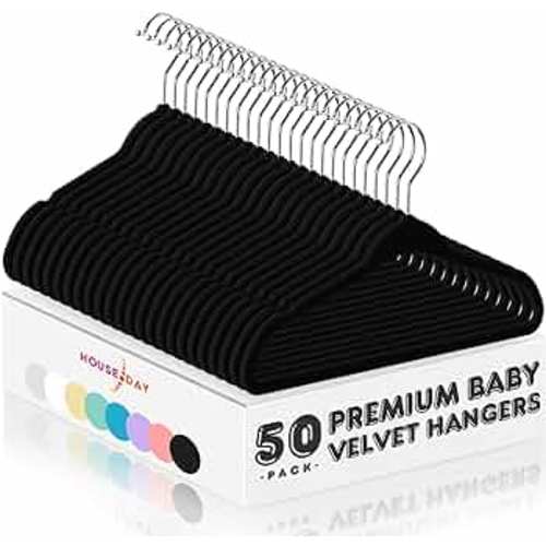 HOUSE DAY Velvet Baby Hangers 50 Pack, Premium Children's Hangers for Baby, Infant & Toddler Clothes, Durable Non Slip Baby Felt Hangers Black, 11 Inch Baby hangers for Closet, Ideal for Everyday Use