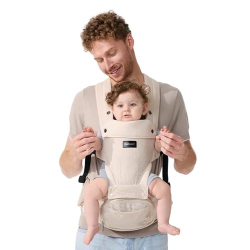 Momcozy Baby Carrier with Hip Seat, 2-in-1 Forward-Facing Carry for Long Walks, Detachable Hands-Free Infant Carrier up to 44lbs, All Seasons Toddler Carrier Fits Waist Sizes up to 45 Inches, Black