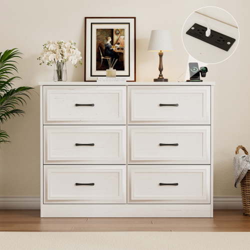 Vabches 6 Drawers Dresser with Charging Station for Bedroom, Wood Chest of Drawers, Farmhouse,White