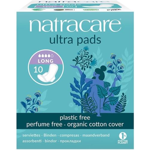 Natracare Slim Fitting Ultra Pads with Wings, Long, Made with Certified Organic Cotton, Ecologically Certified Cellulose Pulp and Plant Starch (1 Pack, 10 Pads Total)