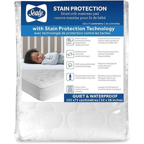 Sealy Baby Stain Protection Waterproof Crib Mattress Protector – Noiseless Fitted Sheet Cover with Quilted Cotton-Blend Top for Comfort – Machine Washable and Easy-to-Clean Toddler Pad, 52 x 28, White
