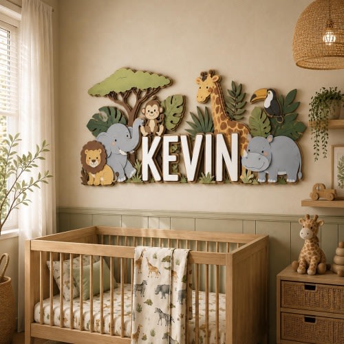Personalized Safari Nursery Name Sign, Jungle Animal Wall Decor, Custom Baby Name Sign, 3D Wooden Nursery Decor, Safari Baby Room Gift