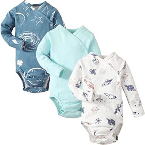 DEFAHN Baby Side Snap Bodysuit Kimono Onsies Newborn Boy Girl 3-Pack 100% Cotton Basic Pattern Kimono Bodysuits