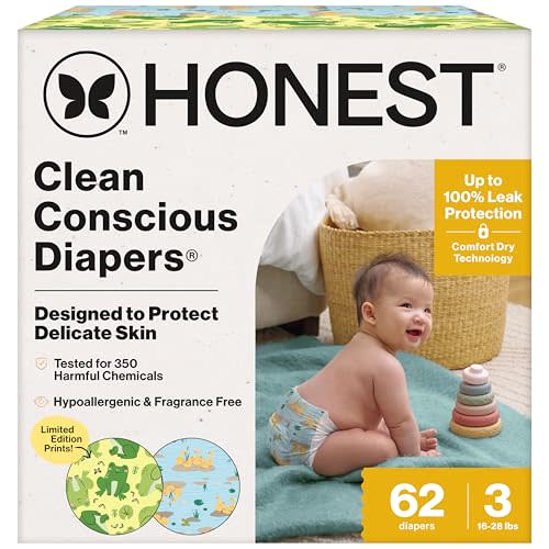 The Honest Company Clean Conscious Diapers®, Up to 100% Leak Protection, Designed to Protect Delicate Skin, Hypoallergenic + Fragrance-Free, UR Ribbiting + Waddle It Be, Club Box, Size 3, 62 Count