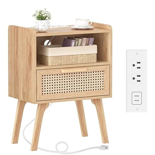 Lerliuo Rattan Nightstand with Charging Station, Boho Night Stand with Handmade Natural Rattan Drawer and Open Shelf, Cane Accent Side End Tables with Solid Wood Legs for Bedroom, Dorm, Small Spaces