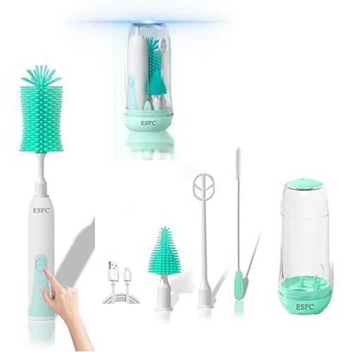 Portable Baby Bottle Cleaner Kit - Automatic Bottle Brush, Nipple/Straw Cleaner, Electric Stirrer, Drying Rack - Waterproof, Rechargeable Travel Kit - Green