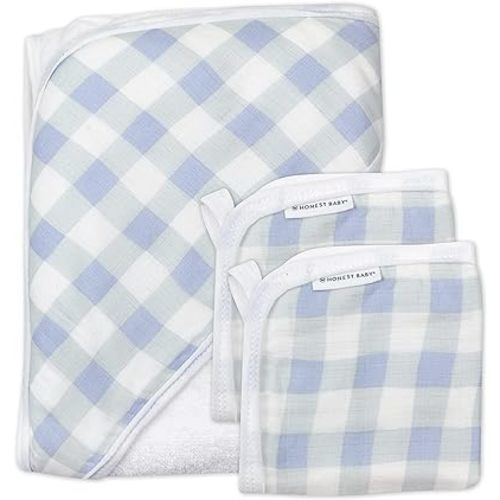 HonestBaby 3-Piece Organic Cotton Hooded Towel & Washcloth Set, Blue Painted Buffalo Check, One Size
