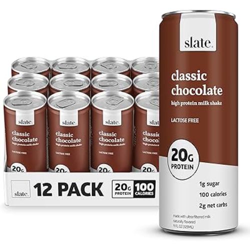 Slate Milk - High Protein Milk Shake - Classic Chocolate - Lactose Free, 20g Protein, 1g Sugar, 100 Calories, 2g Net Carbs, No Added Sugar - Natural, Breakfast Boost, Post Workout - 11 fl oz, 12 Cans