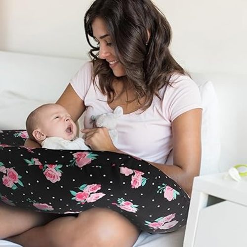 The Peanutshell Nursing Pillow & Cover - Soft Newborn Nursing Baby Girl Pillow Covers, Supportive & Comfortable Breastfeeding, Tummy Time Baby Essentials - Black & Pink Floral