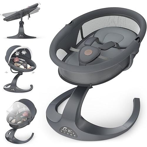 Baby Swings for Infants, Obee Odee Baby Swing, Infant Swing with 5 Speeds, 12 Lullabies, Portable Baby Swing, 360° Rotating Seat, Adapter & Battery Operated, Indoor & Outdoor Use (Gray, Basket)