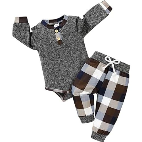I'm so thankful Newborn Baby Boy Fall Clothes Infant Plaid Long Sleeve Button Romper and Pants Set Winter Outfits