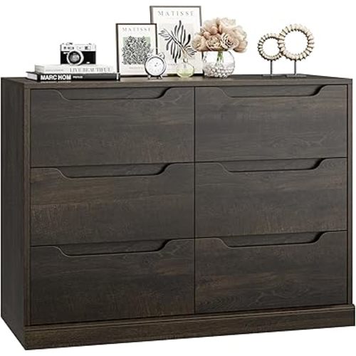 HOSTACK Modern 6 Drawer Dresser for Bedroom, Double Chest of Drawers with Storage, Large Wooden Storage Dresser Organizer with Cut-Out Handle, Accent Storage Cabinet for Living Room, Dark Brown