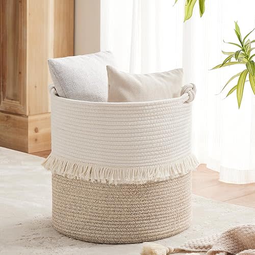 Woven Rope Storage Basket, Baby Nursery Hamper for Toy and Clothes, Decorative Blanket Basket with Knot Handles and Tassel, Boho Laundry Hamper for Living Room, 15.7" x 16.9", White & Brown