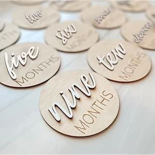 Baby Monthly Milestone Markers Disc, Wooden 3D Milestone Cards for Photos, Baby Announcement Sign, 1-12 Months, wooden baby milestone sign (White)