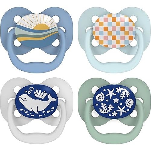 Dr. Brown's Advantage Glow-in-the-Dark Baby Pacifier, Fully Symmetrical Soother with Soft Silicone Bulb, Blue Sunrise-Blue Ocean, 0-6m, BPA Free, 4 Pack