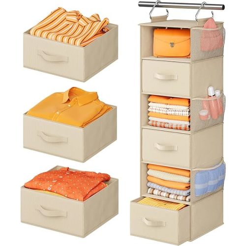 Pipishell Hanging Closet Organizer 6-Shelf, Hanging Shelves for Closet with 3 Removable Drawers & Side Pockets, Hanging Shelf Organizer for Bedroom or Garment Rack, 12'' x 12'' x 43.3'', Beige
