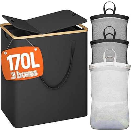 Raybee 170L Laundry Hamper with Lid 3 Section, Extra Large Laundry Basket with 3 Removable Bags, Laundry Basket Organizer for Bedroom, Laundry Room, Dorm, Clothes Hamper, Black