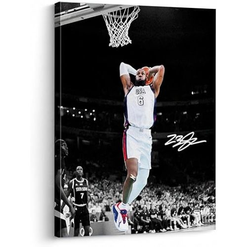 NBA Canvas Wall Art Decor - LeBron James Iconic Dunk for Team USA, Basketball Olympic Moment, Patriotic Sports Poster for Home or Game Room Wall Decoration 8X10