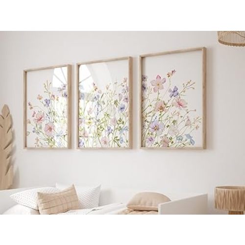 NATVVA Pink And Purple Flowers Botanical Wall Art Set of 3 Wild Flowers Print Minimalist Canvas Painting for Girl Nursery Home Bedroom Decor With Inner Frame