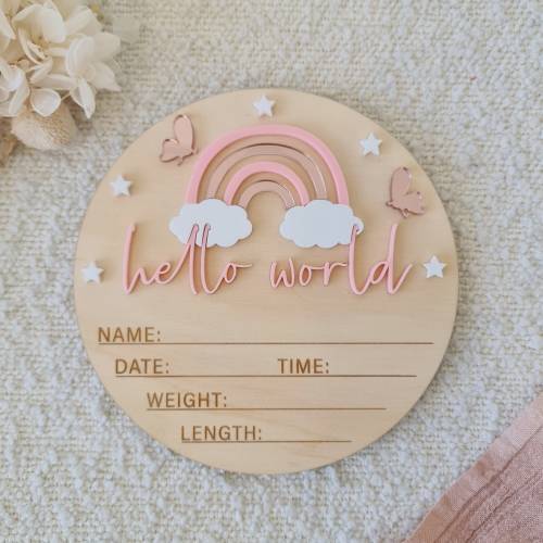 Hello world | announcement plaque | Newborn photo shoot | Rainbow announcement | Photo prop | Hello world Sign | Baby plaque |