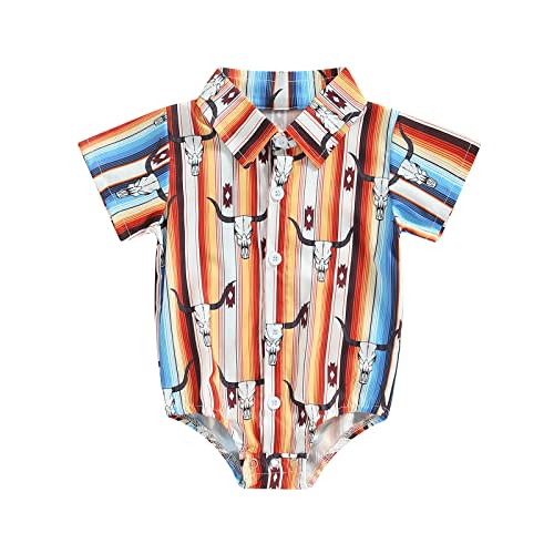 KtwHarnu Western Baby Boy Clothes Cow Print Shirt Romper Short Sleeve Button Down Bodysuit Cowboy Summer Outfit