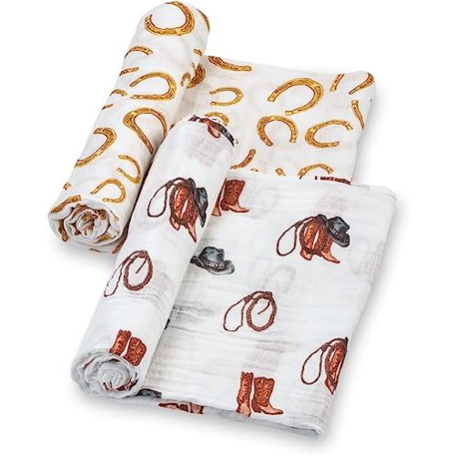 LollyBanks Swaddle Blanket | 100% Muslin Cotton | Gender Neutral Newborn and Baby Nursery Essentials for Girls and Boys, Registry | Cowboy Boot and Horseshoe 2 Pack