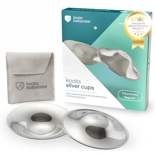 Koala Babycare The Original Silver Nursing Cups - Nipple Shields for Breastfeeding Newborn - Breastfeeding Essentials - Protect and Soothe - Tri-Laminate Silver - Standard Size
