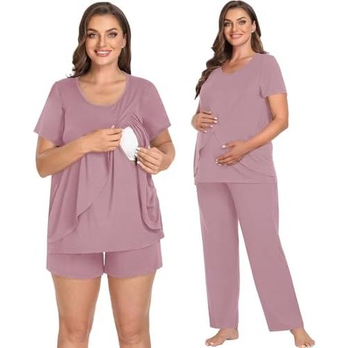 SWOMOG Women Maternity Pajamas Sets 3 Pcs Adjustable Breastfeeding Nightwear Double Layer Short Sleeve Pregnancy Pjs Set