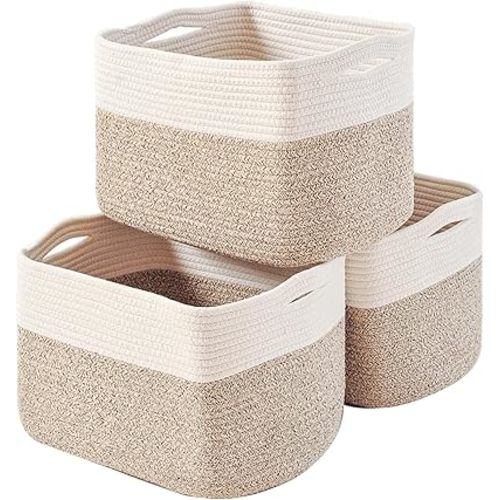 Storage Baskets for Organizing, Woven Cotton Rope Basket for Storage Books, Baby Organizing Baskets, Toy Storage Basket, 15"x11"x9.5", 3 Packs, Off White & Brown
