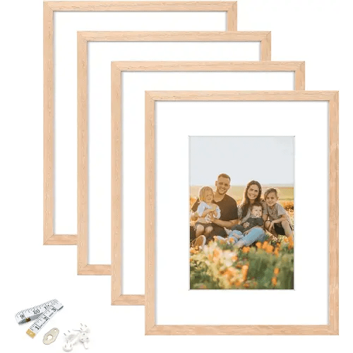8x10 Picture Frame, OAK Wood Photo Frame 5x7 with Mat or 8x10 without Mat with Perspex Glass for Vertical or Horizontal Tabletop Wall Display for Photos, Paintings, Birthday Christmas Gift, Set of 4
