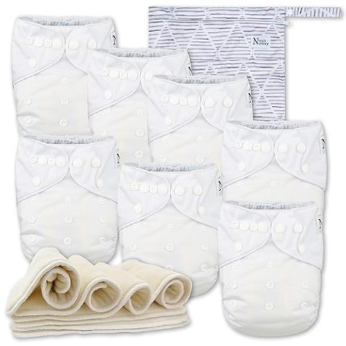 Nora's Nursery Cloth Diapers 7 Pack with 7 Inserts & 1 Wet Bag - Waterproof Cover, Washable, Reusable & One Size Adjustable Pocket Diapers for Newborns and Toddlers - Winter White