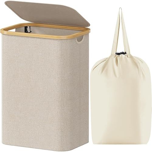 Lifewit 80L Laundry Basket with Lid, Clothes Hampers for Laundry with Bamboo Handles and 1 Removable Bag, Large Foldable Laundry Hamper for Bedroom, Bathroom, Dorm, Laundry Room, Beige