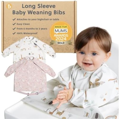 BIBaDO - Long Sleeve Baby Bibs - Babies & Toddlers 6-36 Months - Coverall Baby Led Weaning Bib - Easy Wipe, Soft & Waterproof