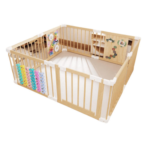 Foldable Wood Baby Playpen with Music Panel, Abacus, Lockable Joints
