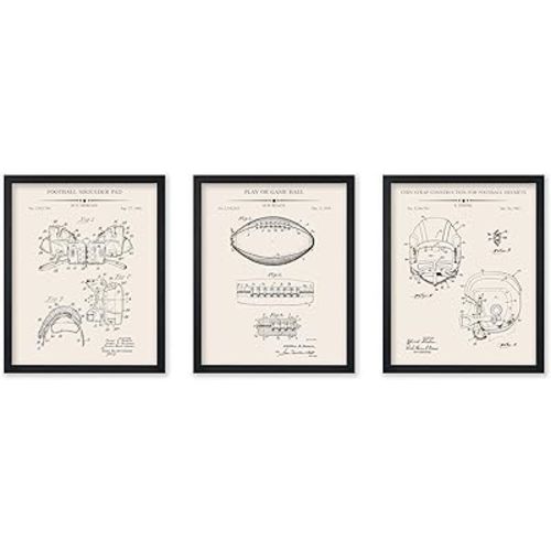 Poster Master 3-Piece Football Blueprint Poster - Football Shoulder Pad Patent Print - Game Ball Art - Sports Art - Technical Drawing Art - Great Office or Gym Wall Decor - 8x10 UNFRAMED Wall Art