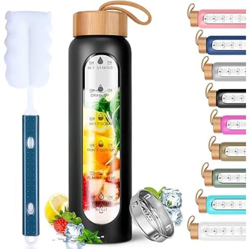 Aqulea Glass Water Bottles 32 Oz with Silicone Sleeve - BPA Free Reusable Wide Mouth Glass Motivational Water Bottles with Fruit Infuser – Leak Proof Borosilicate Water Bottle with Time Marker (Black)
