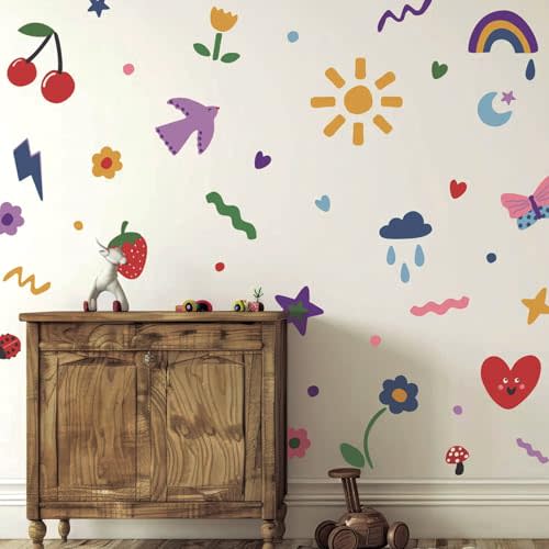 56pcs Colorful Rainbow Flowers Fabric Wall Stickers DIY Kids Fun Doodle Decals Removable Nursery for Kids Rooms Living Room Decor Opaque High Coverage Wall Art