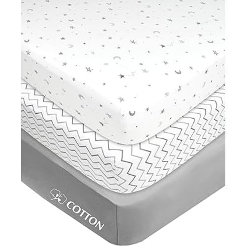 American Baby Company 3 Pack Fitted Mini Crib Sheet 24" x 38", Soft Breathable Neutral 100% Cotton Jersey Portable Sheet, Gray Star/Zigzag, for Boys and Girls, Fits Most Pack N Play Mattresses