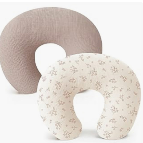 Konssy 2-Pack Muslin Nursing Pillow Covers, Soft & Adorable Nursing Covers for Breastfeeding Pillows, Slipcovers for Newborn Boys & Girls(Soft Blooms,Taupe)