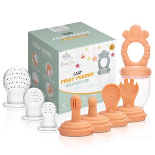Minie Joo 7-in-1 Baby Food Feeder & Teether | 3 Pacifier Pouches | Infant Teething Toy & Self-Feeding Set(Orange)