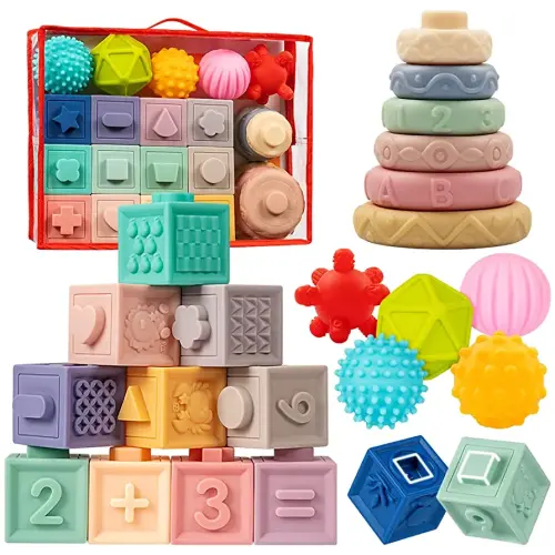 Jyusmile Baby Toys 6-12 Months, Montessori Toys for Babies 6-12 Months, Incl Stacking Building Blocks & Soft Infant Teething Toys & Sensory Balls for Toddlers 0-3-6-9-12 Months