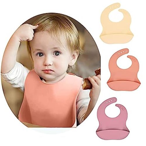 LAUIEKNA Silicone Bibs For Babies & Toddle 3PCs/Set Soft Waterproof Bibs For Girl,Adjustable Feeding Bib Berry/Dusty Rose/Custard