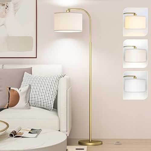 Arc Floor Lamps for Living Room with 3 Color Temperatures, Modern Floor Lamp Reading Light with 9W Bulb Included, Standing Lamp with Adjustable White Hanging Lampshade for Bedroom Office(Gold)