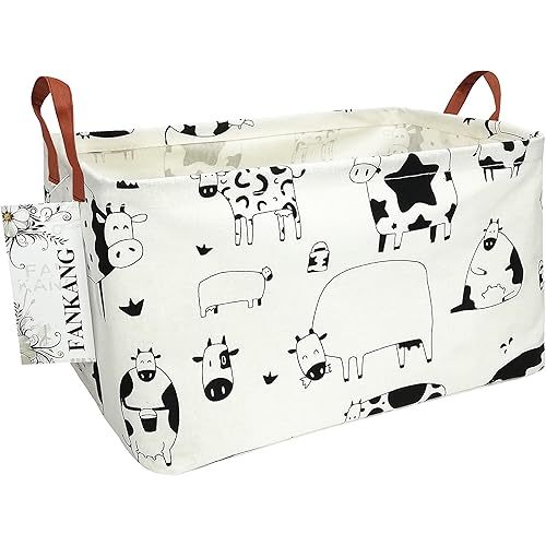 FANKANG Storage Basket,Nursery Hamper Canvas Laundry Basket Foldable with Waterproof PE Coating Storage, Office, Bedroom, Clothes,Toys(L, Rec-cows)