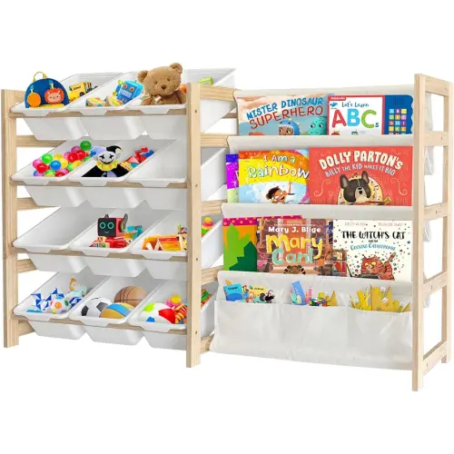 Toy Storage Organizer with Bookshelf - 12 Storage Bins 4-Tier Multipurpose Shelf to Organize Toys and Books for Kids Room, Playroom, Nursery Room, White