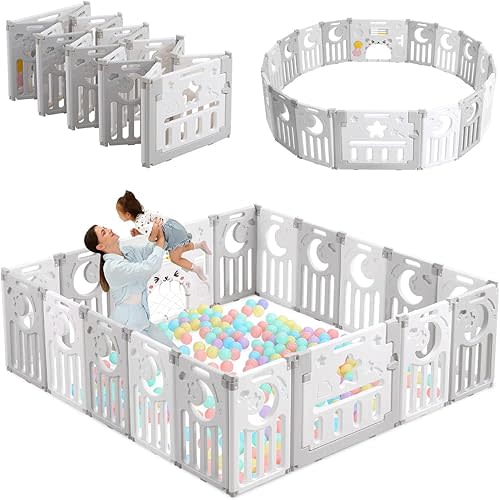 Dripex Baby Playpen, Foldable Playpen for Babies and Toddlers, Adjustable Shape Baby Fence, Safety Play Yard with Gate, Portable Play Area for Indoor or Outdoor (Grey+White,18 Panel)