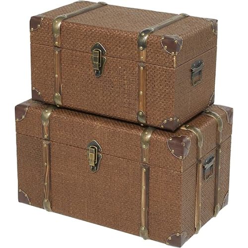 Deco 79 Plastic Rattan Decorative Trunk Antique Style Decorative Large Boxes with Latches and Leather Accents, Set of 2 Storage Trunks 21", 18" W, Brown