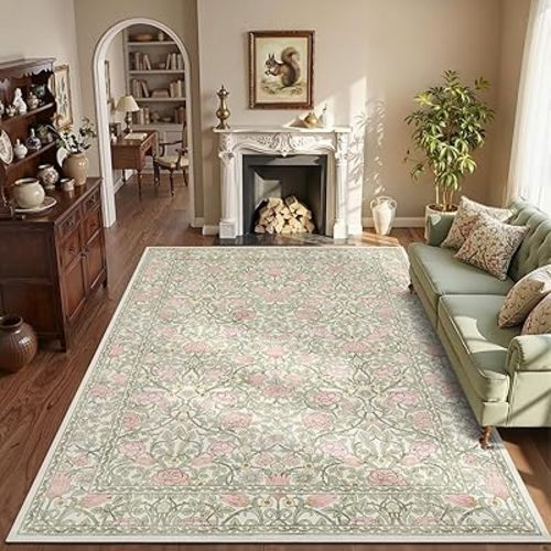 GarveeHome Pink and Green Vintage Floral Washable Rugs 6x9 for Living Room Boho Retro Botanical Rug Low Pile Stain Resistance Non Slip Carpet for Bedroom Nursery Dining Room