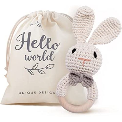 Youuys Wooden Baby Rattle Toys, Easter Bunny Rattle for Baby Crochet Bunny Rattle Toy Natural Wood, Shaker Rattle for Hand Grips, Boy Girl First Rattle Gift, Newborn Gifts (Bunny)