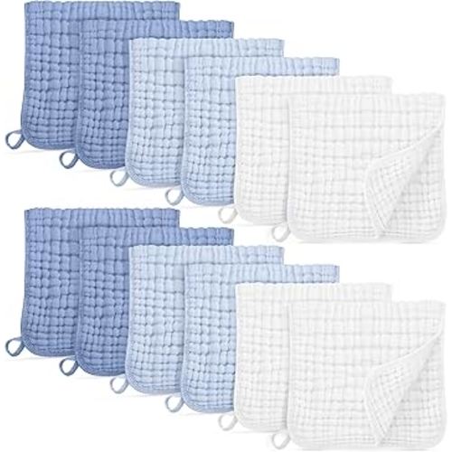 Muslin Burp Cloths for Baby 100% Cotton Burping Cloths for Boys Girls Large 20''X10'' Extra Soft and Absorbent 12 Pack - Gradient White Blue